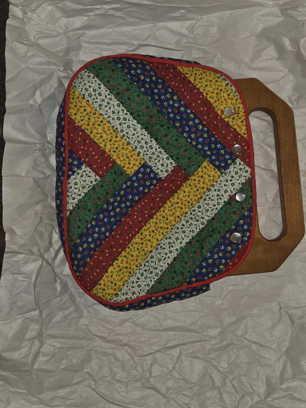 Rare 70s Vintage Multicolor Quilted Clutch with Wooden Handle Removeable Cover